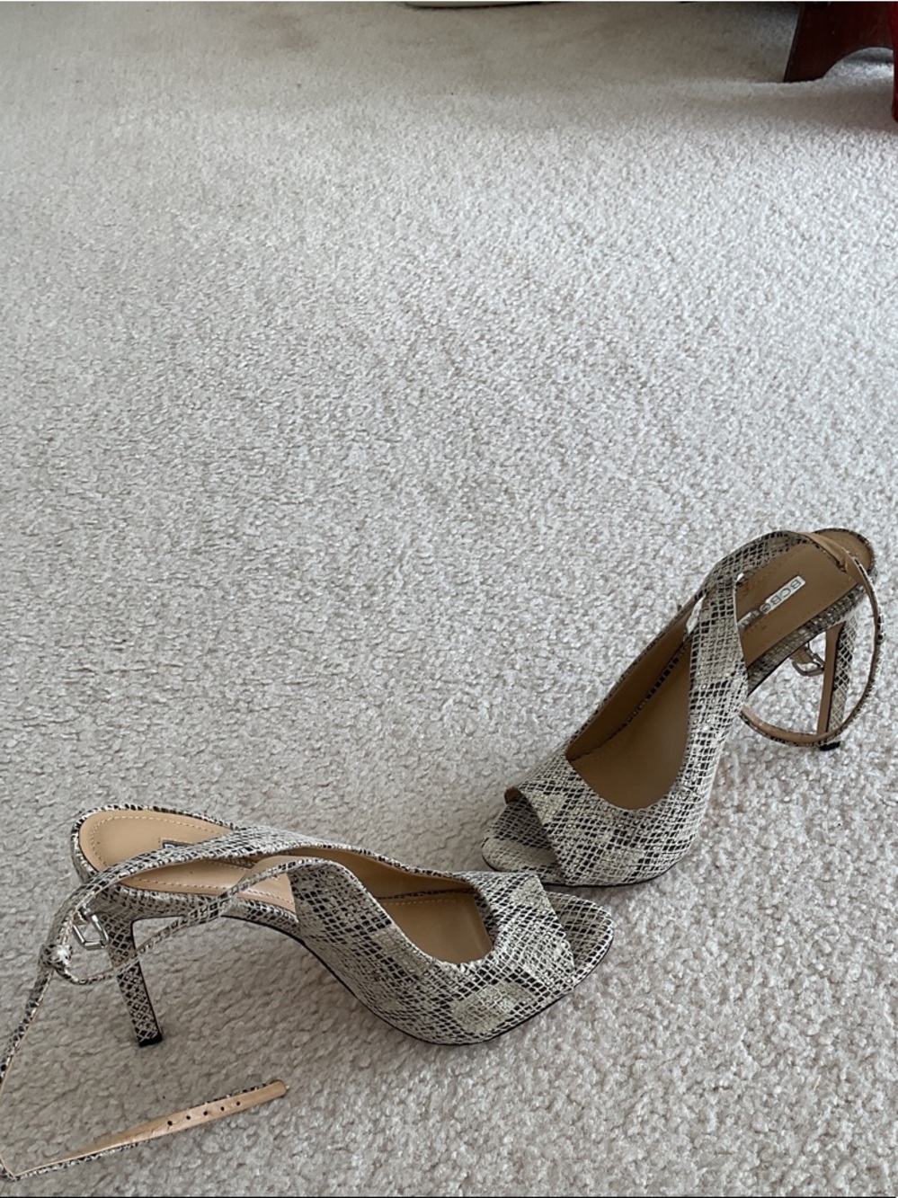 BCBGeneration Snake-Print Open-Toe Stiletto Heels in Black and Cream